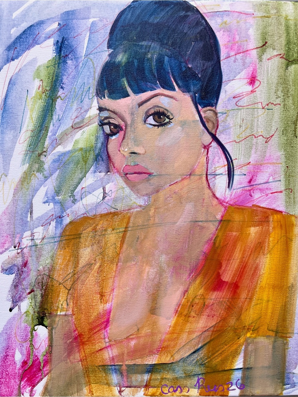 Contemporary Lily Allen Portrait Painting in Orange and Pink by Cass Rees